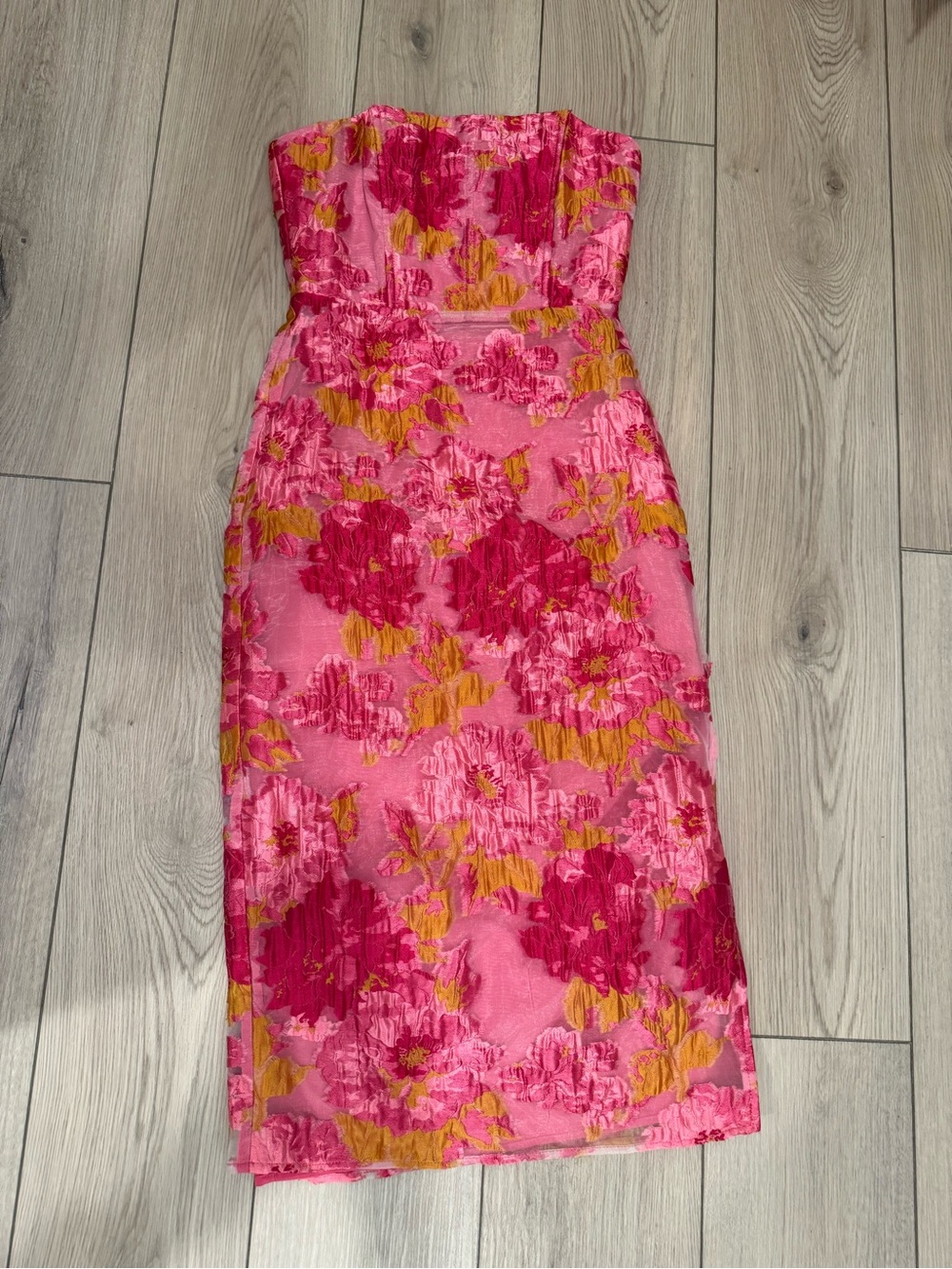 Strapless Pink Floral Midi Dress - Picture 2 of 4
